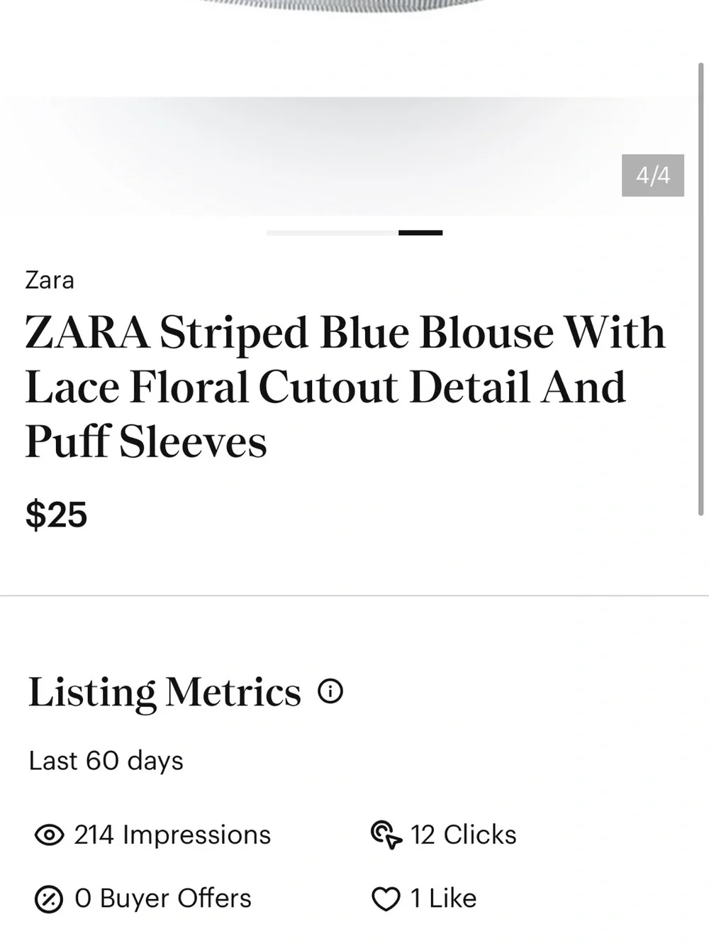 ZARA Striped Blue Blouse With Lace Floral Cutout Detail And Puff Sleeves